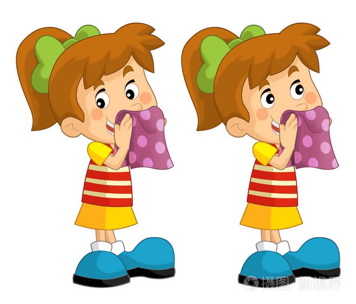 卡通设置的年轻女孩擦脸用毛巾-儿童插画