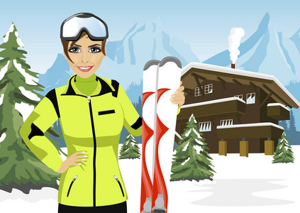 女山滑雪站在冬季滑雪胜地的小木屋