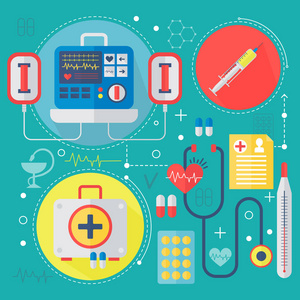 现代医学和医疗保健服务平面概念。医学药学技术诊断信息图形设计 web 元素 海报横幅