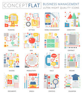 Web 图表迷你概念业务管理的图标。优质的色彩概念平面设计 web 图形图标元素。企业经营管理理念