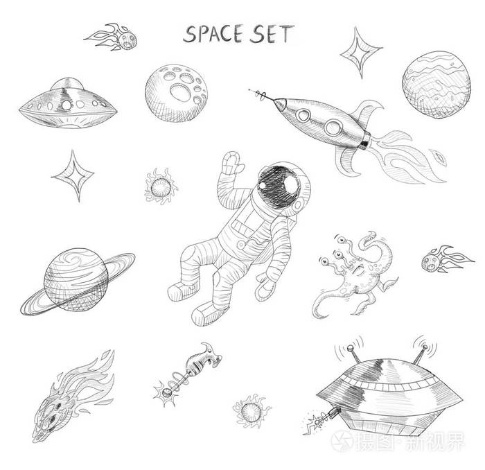 绘图的空间物体: 宇航员, 外星人, 飞碟, 宇宙飞船, 彗星, 行星和恒星