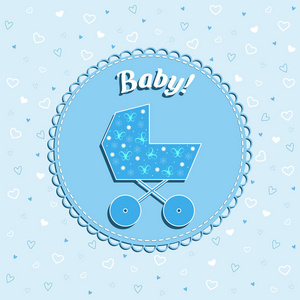 男孩婴儿车在蓝色背景与心与新生儿生日的搞笑矢量卡
