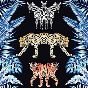 斑马豹虎镜像蓝色的树叶黑色背景图案