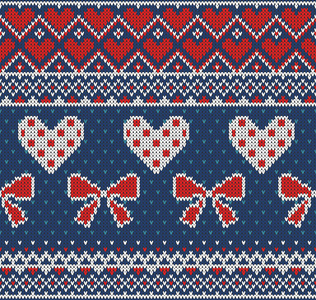 为主题的节日情人节与挪威和该设计是满足模式的图像的无缝模式。红色，白色的弓和蓝色背景上的心。羊毛针织纹理。它制作图案矢量