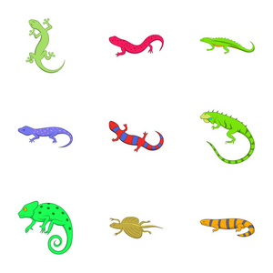 不同种类的蜥蜴图标集，卡通风格
