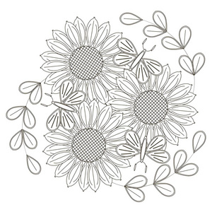 黑色和白色的向日葵 程式化的花朵和蝴蝶抗应力彩页，股票矢量插画素描