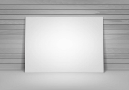 矢量空空白白色模拟了站在地板与木墙前视图上的海报画框