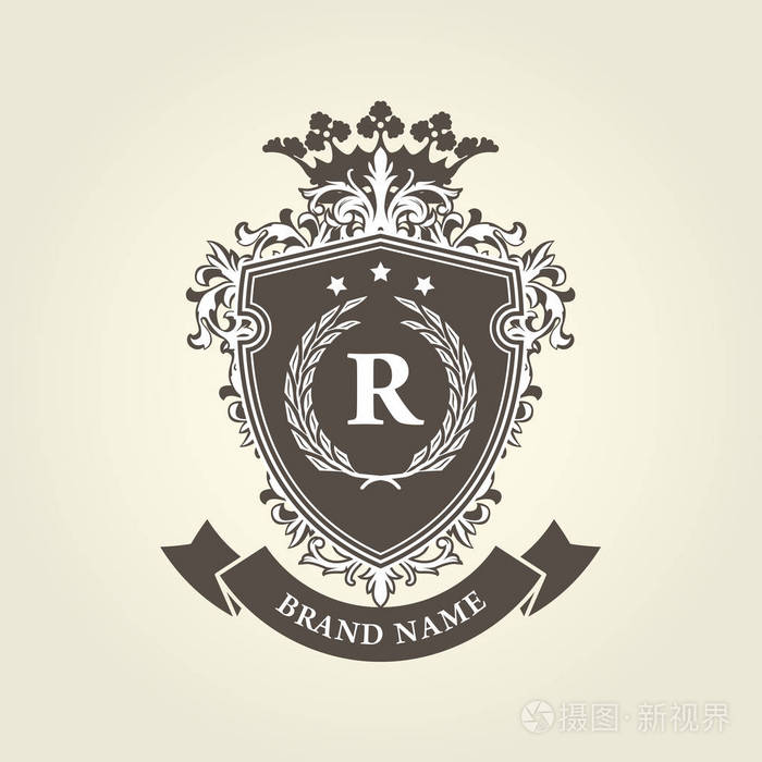 中世纪英国皇家徽章-冠和月桂树 wreat 盾