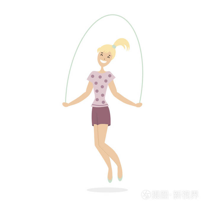 女孩跳上一根跳绳.早操或培训.体育活动.在白色背景上