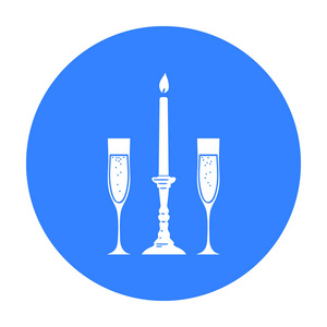 蜡烛之间眼镜香槟中孤立的白色背景上的黑色风格的图标。餐厅，象征股票矢量图