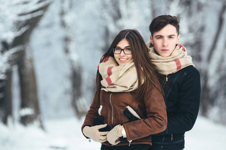 幸福的夫妇在雪园