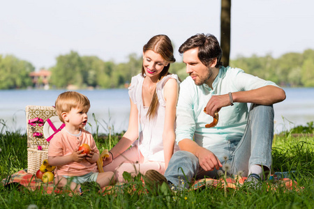 家庭在湖边坐在草地上野餐