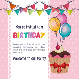 快乐的生日聚会的邀请，与甜蛋糕