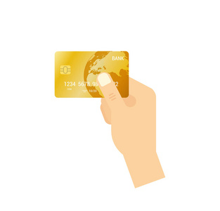 付款单位的概念。手上捧着金色的信用卡矢量孤立的图标