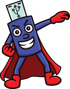 卡通人物说明，闪存驱动器吉祥物在超级英雄的服装