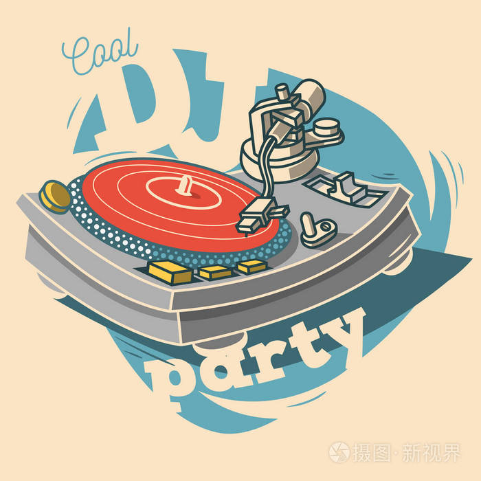 黑胶唱片与 gramop dj 酷党有趣海报设计插画-正版0x