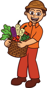 一个快乐的农民背着满满一筐蔬菜上白色孤立的卡通插图