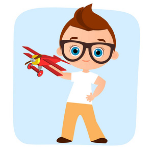眼镜和玩具飞机的年轻男孩。男孩玩飞机。矢量图 eps 10 孤立在白色背景上。平的卡通风格
