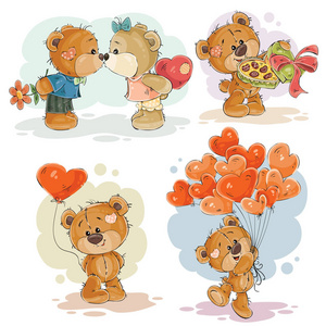 设置矢量剪辑艺术插图的迷恋泰迪熊