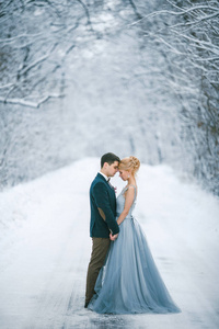新娘和新郎手挽在积雪的路上在森林里