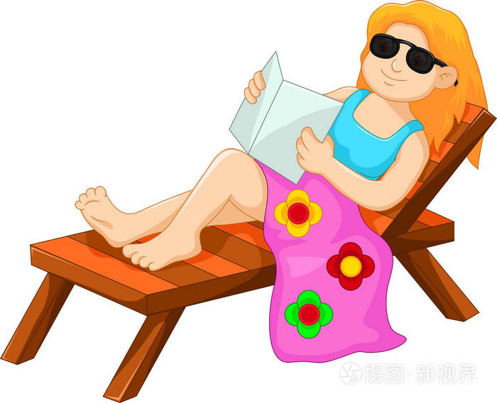 可爱的女人卡通坐在沙滩上放松