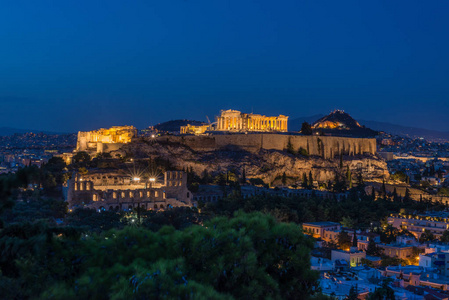 到了晚上，雅典，希腊城市风景