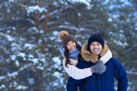 快乐对年轻夫妇在冬季公园