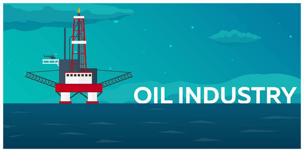 石油平台。海。石油勘探。矢量平面插画