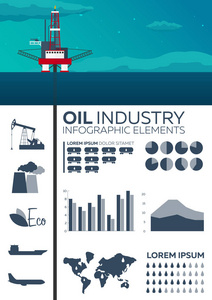 图表元素的石油工业。海。石油平台。矢量平面插画