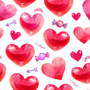 可爱的卡通水彩无缝情人节格局。与糖果插图孤立在白色背景上的多彩红心。完美的情人节假期