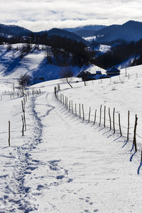 在冬季景观在喀尔巴阡山区公路