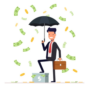 商人或经理持伞，站在钱雨下。办公室工作人员字符孤立在白色背景上。矢量图 Eps10
