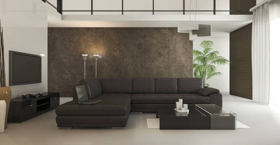 3d 渲染阁楼深褐色的壁纸客厅与夏时制
