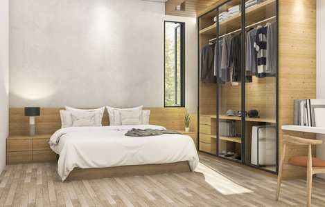 3d 渲染不错木当代的卧室与漂亮的布柜