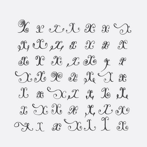 向量集的书法字母 X，手写与针对性的笔尖，装饰着华丽和装饰元素。灰色黑色不完美字母序列上孤立。各种形状集合