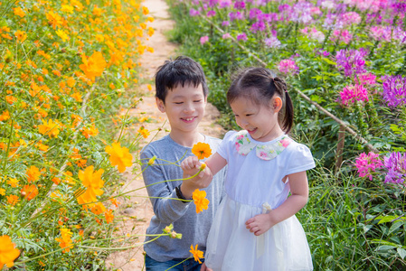 年轻的兄弟姐妹，在花园里