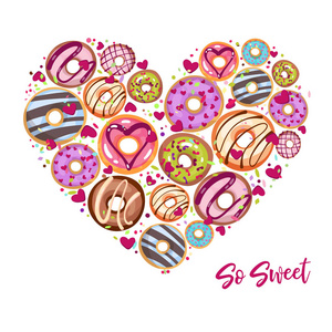 从甜甜圈在心窗体设计。圣瓦伦丁的天与刻字的烹饪糕点背景。卡通风格矢量图