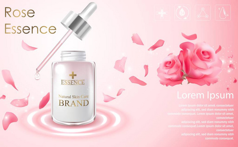 化妆品广告模板与本质瓶和浅粉红色背景的红玫瑰