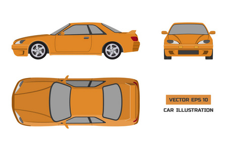 在白色背景上的橙色车。顶尖，正面和侧面视图。车辆在平面样式