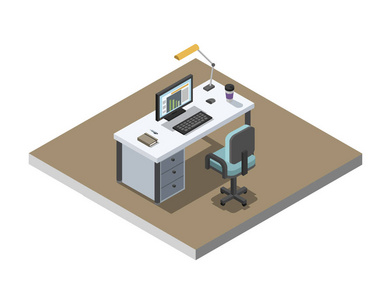 矢量等距插画的办公室工作的地方，3d 平面室内设计