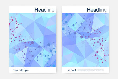 科学的宣传册设计模板。矢量海报布局 分子结构与连接的线和点。科学模式原子 Dna 与杂志 传单 封面 海报设计元素