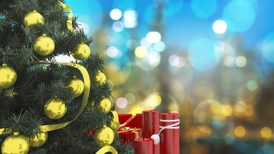 3d 渲染关闭了与红蜡烛的圣诞树和冷色调模糊背景，放话的空间上