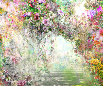 抽象的七彩花朵水彩画。多彩多姿的春天的花朵图
