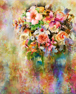 抽象的七彩花朵水彩画。春天的五彩的图
