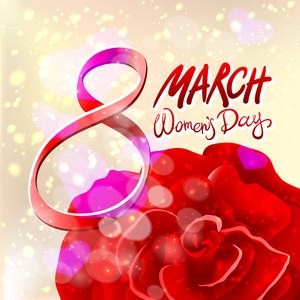 3 月 8 日贺卡。国际妇幼节。矢量。红玫瑰。浅色背景
