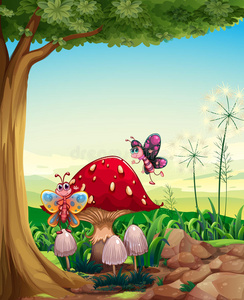 树旁的一个大蘑菇，上面有蝴蝶