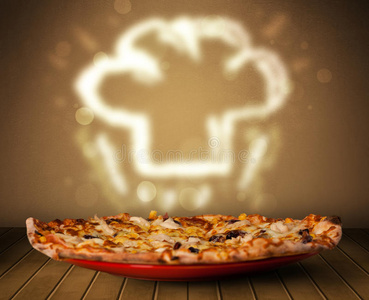美味披萨配厨师帽蒸汽插图