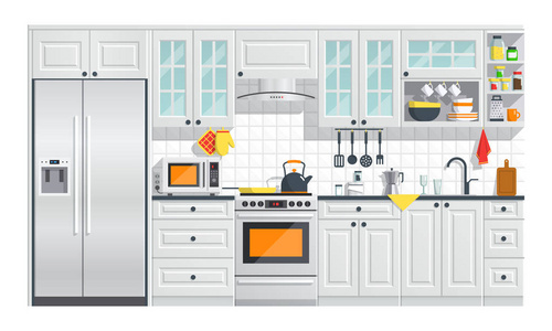 白色的厨房家具与电器图
