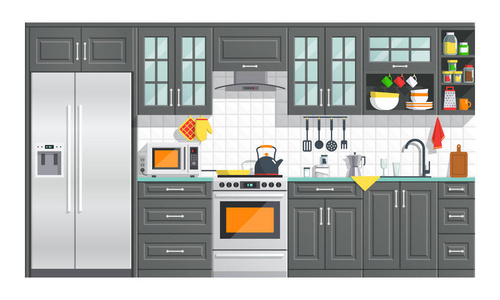 白色的厨房家具与电器图