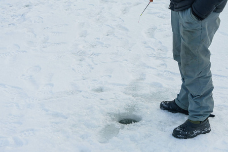 冬天在河冰上钓鱼